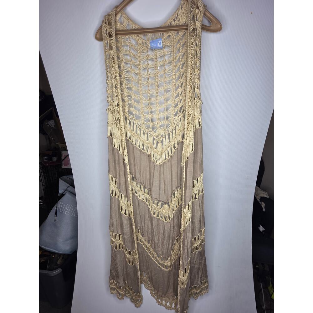 Blue Wren L Tan Crochet Knit Vest Sleeveless Duster Bohemian Layering Piece